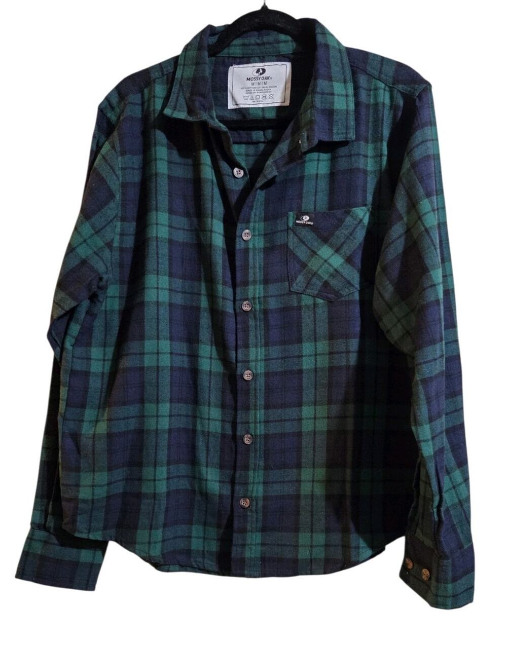 Mossy Oak Blue & Green Plaid Button-Up Men's M Flannel Shirt Long Sleeve Holiday